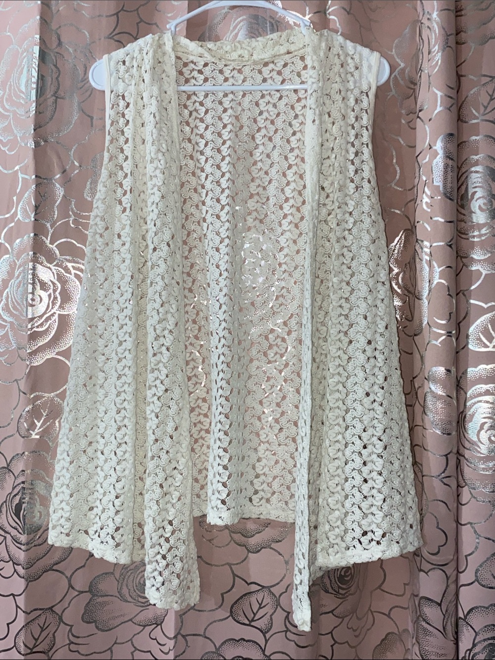 Agenda Boho Cream Crochet Lace Sleeveless Vest Cardigan Open Front - Size L